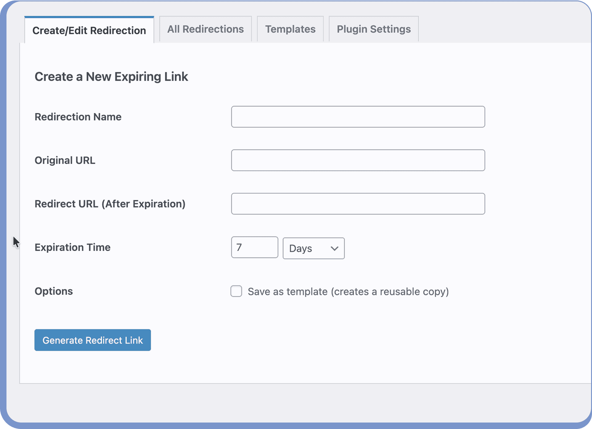 Dashboard image of the plugin's create/edit redirection page.